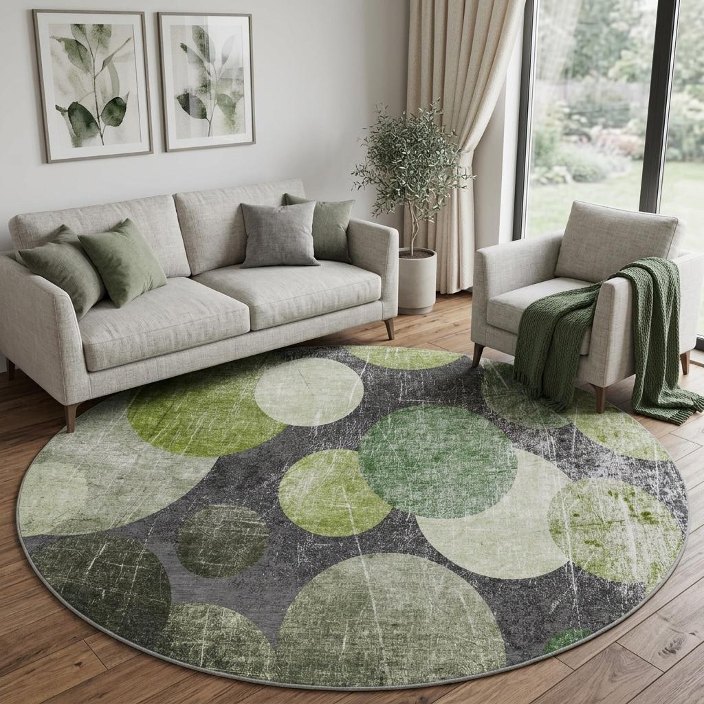 8' Green And Gray Geometric Shag Washable Round Rug With UV Protection - HomeRoots - Flyclothing LLC