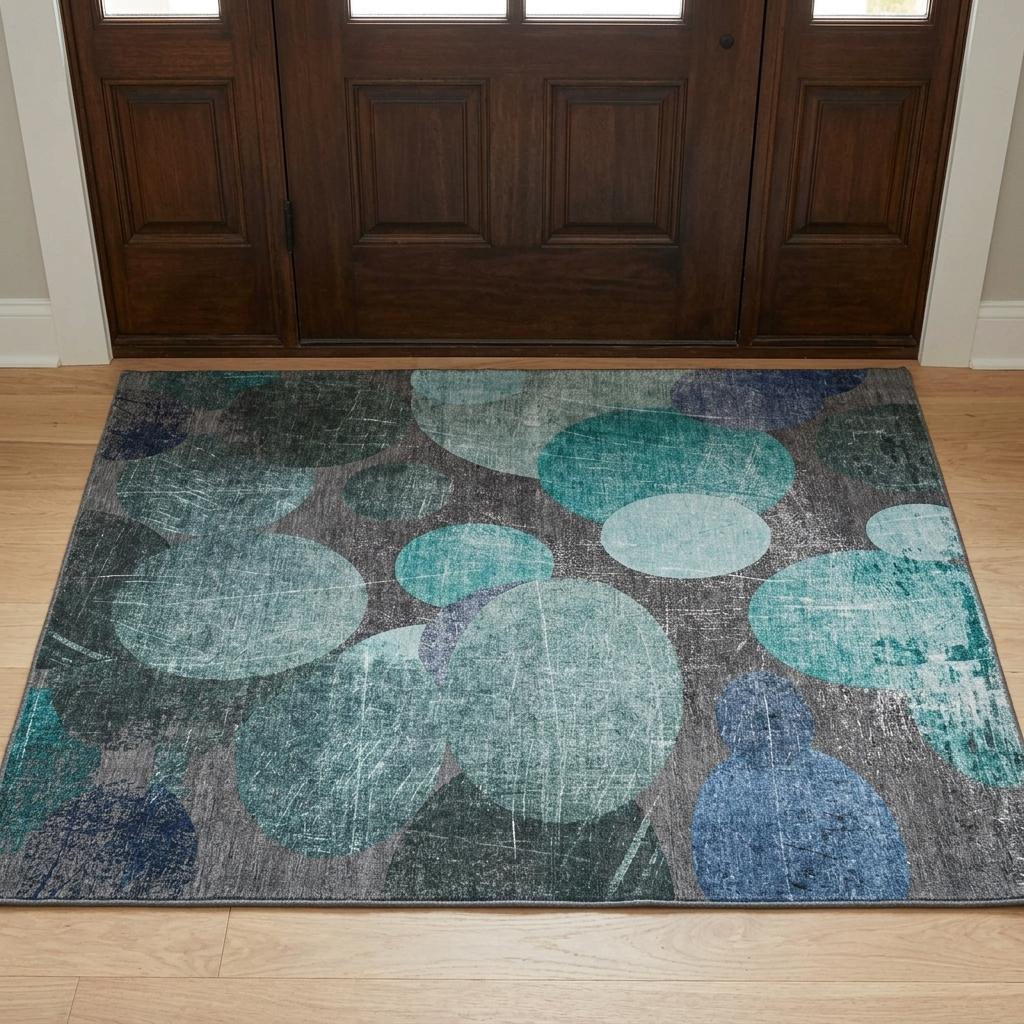3' X 5' Teal And Navy Blue Geometric Shag Washable Area Rug With UV Protection - HomeRoots - Flyclothing LLC