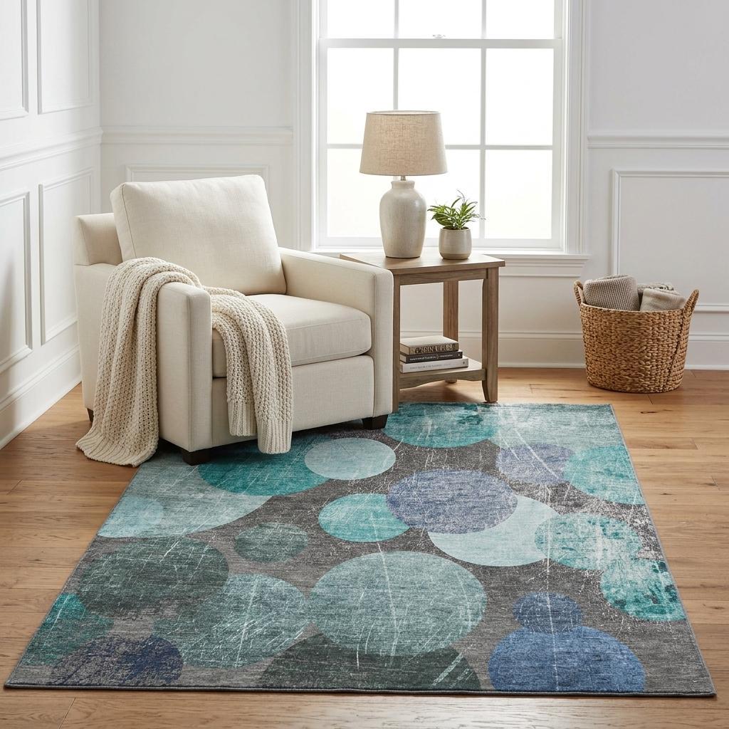 5' X 8' Teal And Navy Blue Geometric Shag Washable Area Rug With UV Protection - HomeRoots - Flyclothing LLC