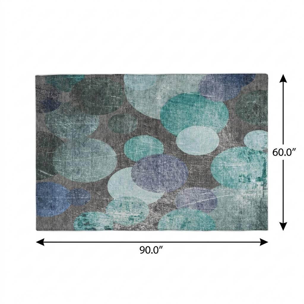 5' X 8' Teal And Navy Blue Geometric Shag Washable Area Rug With UV Protection - HomeRoots - Flyclothing LLC