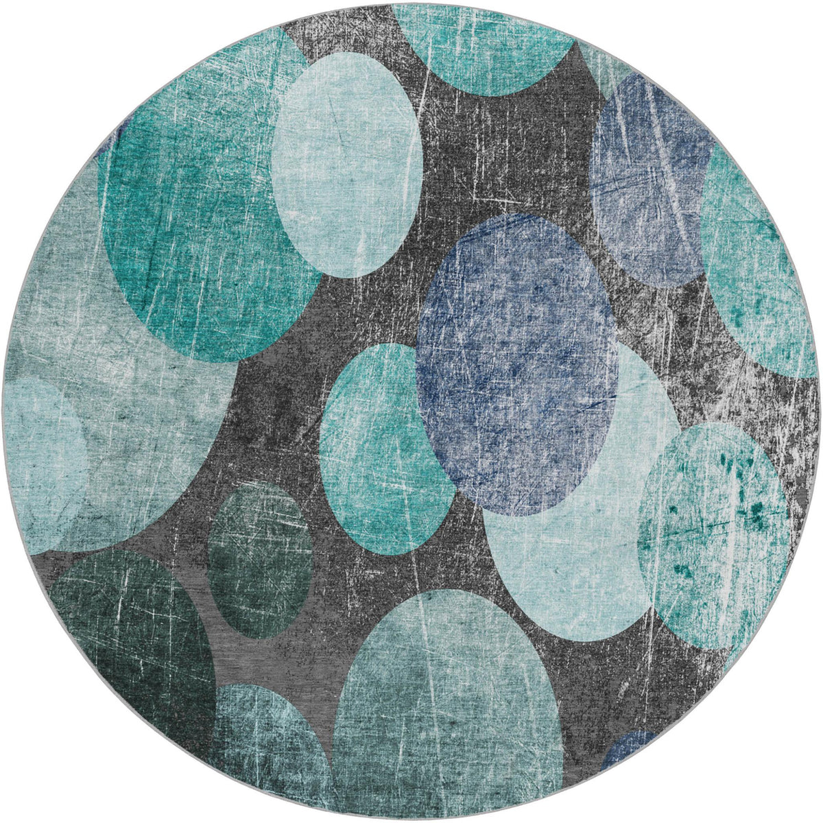 8' Teal And Navy Blue Geometric Shag Washable Round Rug With UV Protection - HomeRoots - Flyclothing LLC