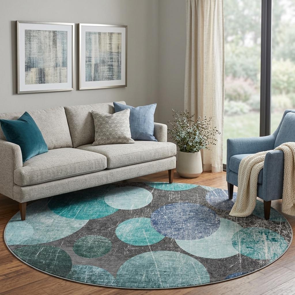 8' Teal And Navy Blue Geometric Shag Washable Round Rug With UV Protection - HomeRoots - Flyclothing LLC