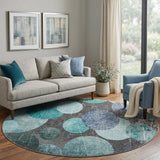 8' Teal And Navy Blue Geometric Shag Washable Round Rug With UV Protection - HomeRoots - Flyclothing LLC