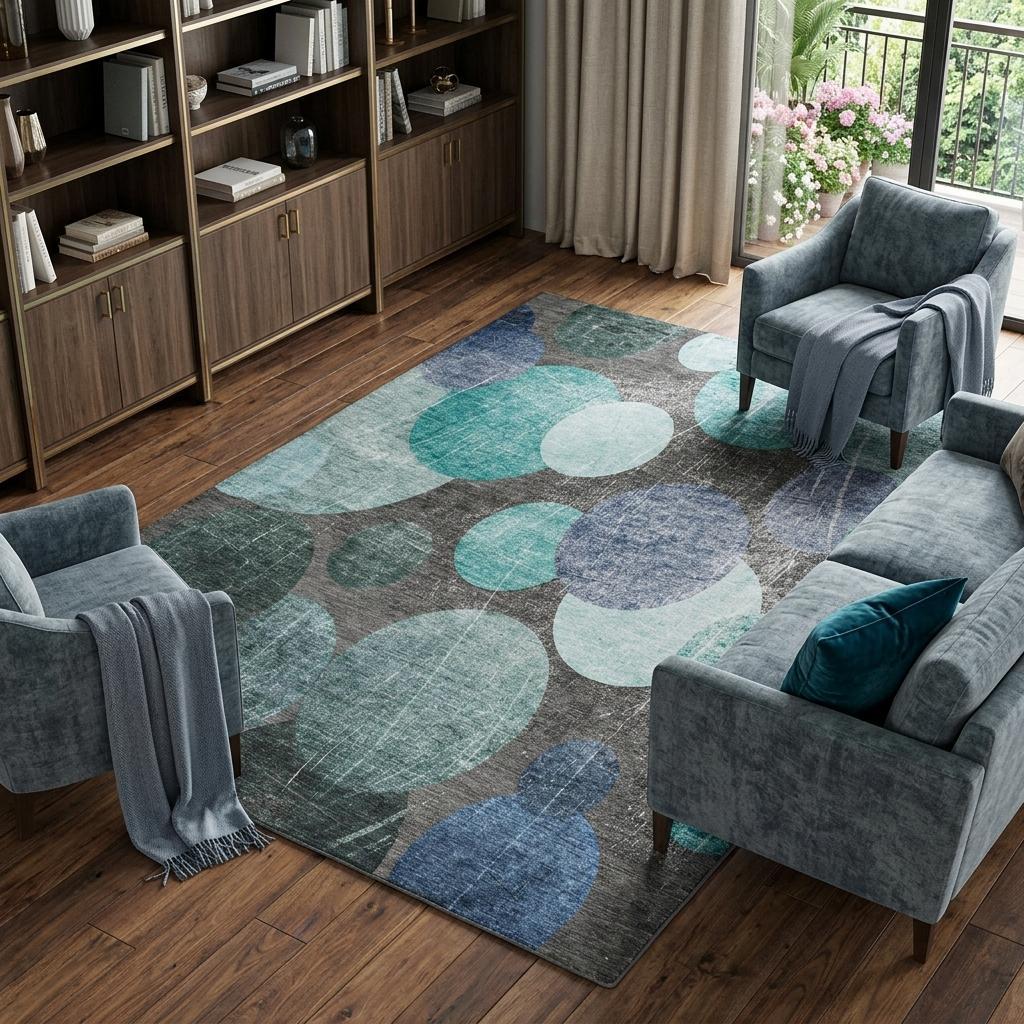 9' X 12' Teal And Navy Blue Geometric Shag Washable Area Rug With UV Protection - HomeRoots - Flyclothing LLC