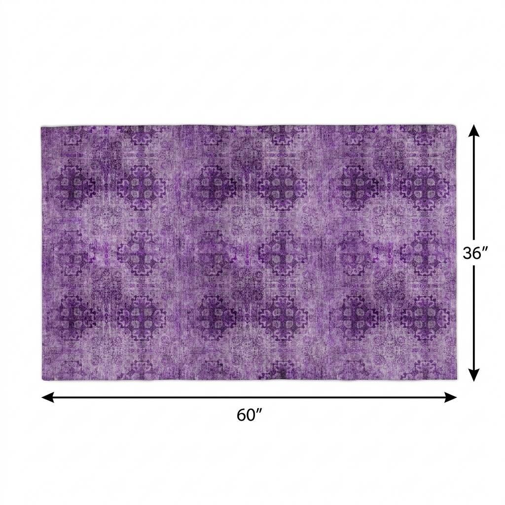 3' X 5' Eggplant And Ivory Medallion Shag Washable Area Rug With UV Protection - HomeRoots - Flyclothing LLC
