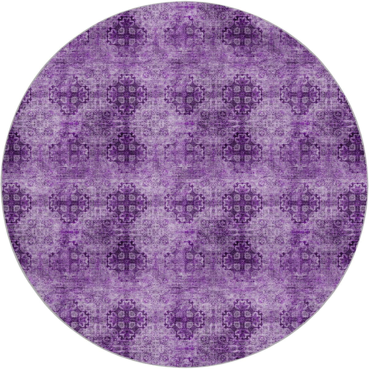 8' Eggplant And Ivory Medallion Shag Washable Round Rug With UV Protection - HomeRoots - Flyclothing LLC