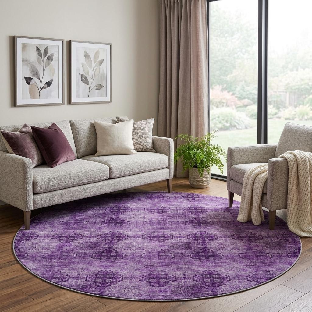 8' Eggplant And Ivory Medallion Shag Washable Round Rug With UV Protection - HomeRoots - Flyclothing LLC