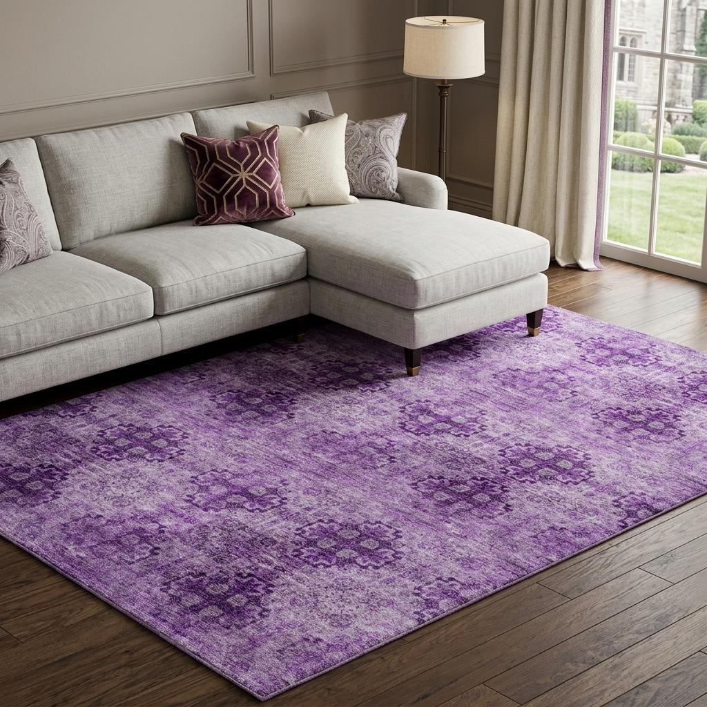9' X 12' Eggplant And Ivory Medallion Shag Washable Area Rug With UV Protection - HomeRoots - Flyclothing LLC