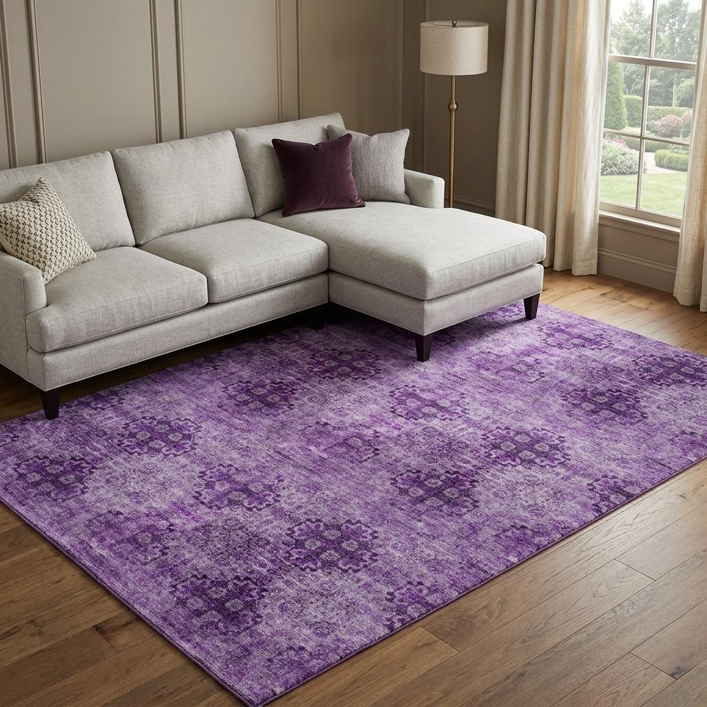 10' X 14' Eggplant And Ivory Medallion Shag Washable Area Rug With UV Protection - HomeRoots - Flyclothing LLC