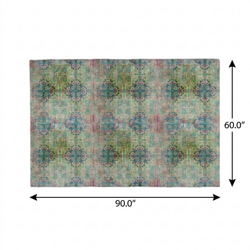 5' X 8' Green And Teal Medallion Shag Washable Area Rug With UV Protection - HomeRoots - Flyclothing LLC