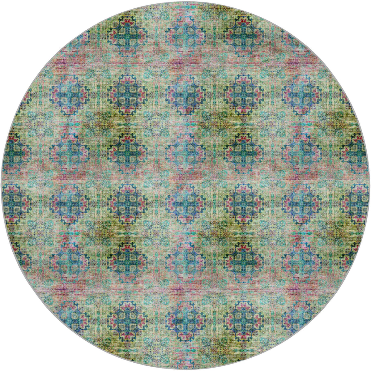 8' Green And Teal Medallion Shag Washable Round Rug With UV Protection - HomeRoots - Flyclothing LLC