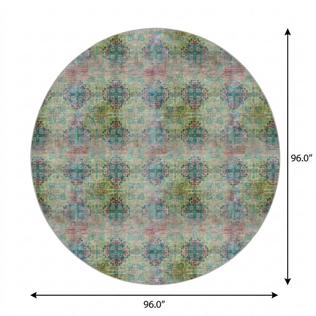 8' Green And Teal Medallion Shag Washable Round Rug With UV Protection - HomeRoots - Flyclothing LLC