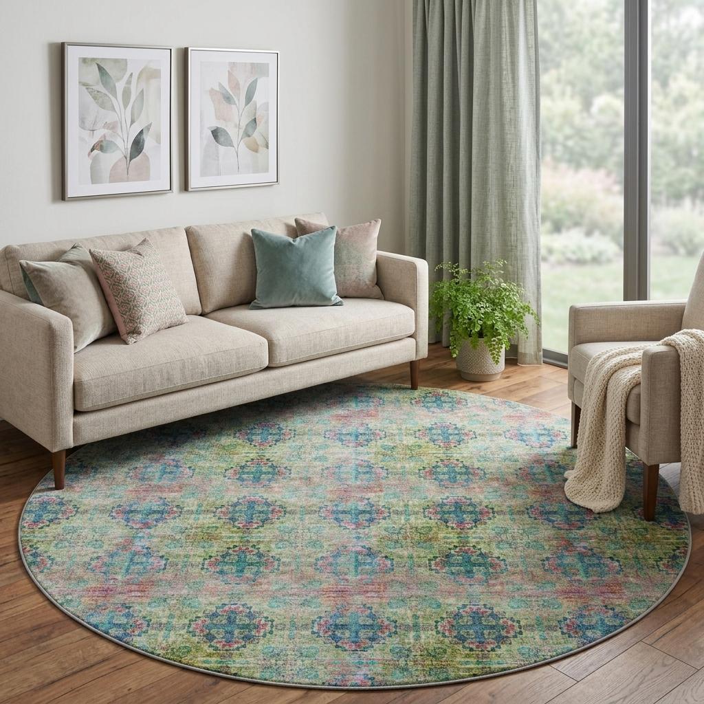 8' Green And Teal Medallion Shag Washable Round Rug With UV Protection - HomeRoots - Flyclothing LLC