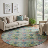 8' Green And Teal Medallion Shag Washable Round Rug With UV Protection - HomeRoots - Flyclothing LLC