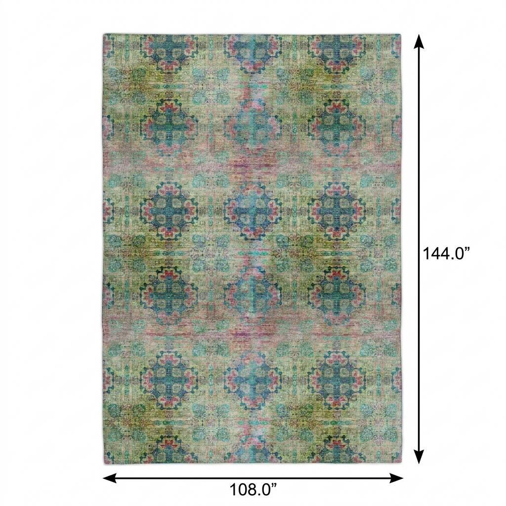 9' X 12' Green And Teal Medallion Shag Washable Area Rug With UV Protection - HomeRoots - Flyclothing LLC