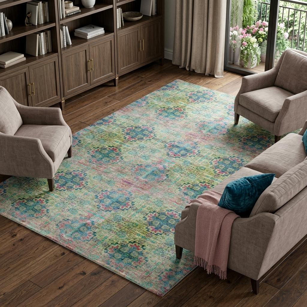 10' X 14' Green And Teal Medallion Shag Washable Area Rug With UV Protection - HomeRoots - Flyclothing LLC