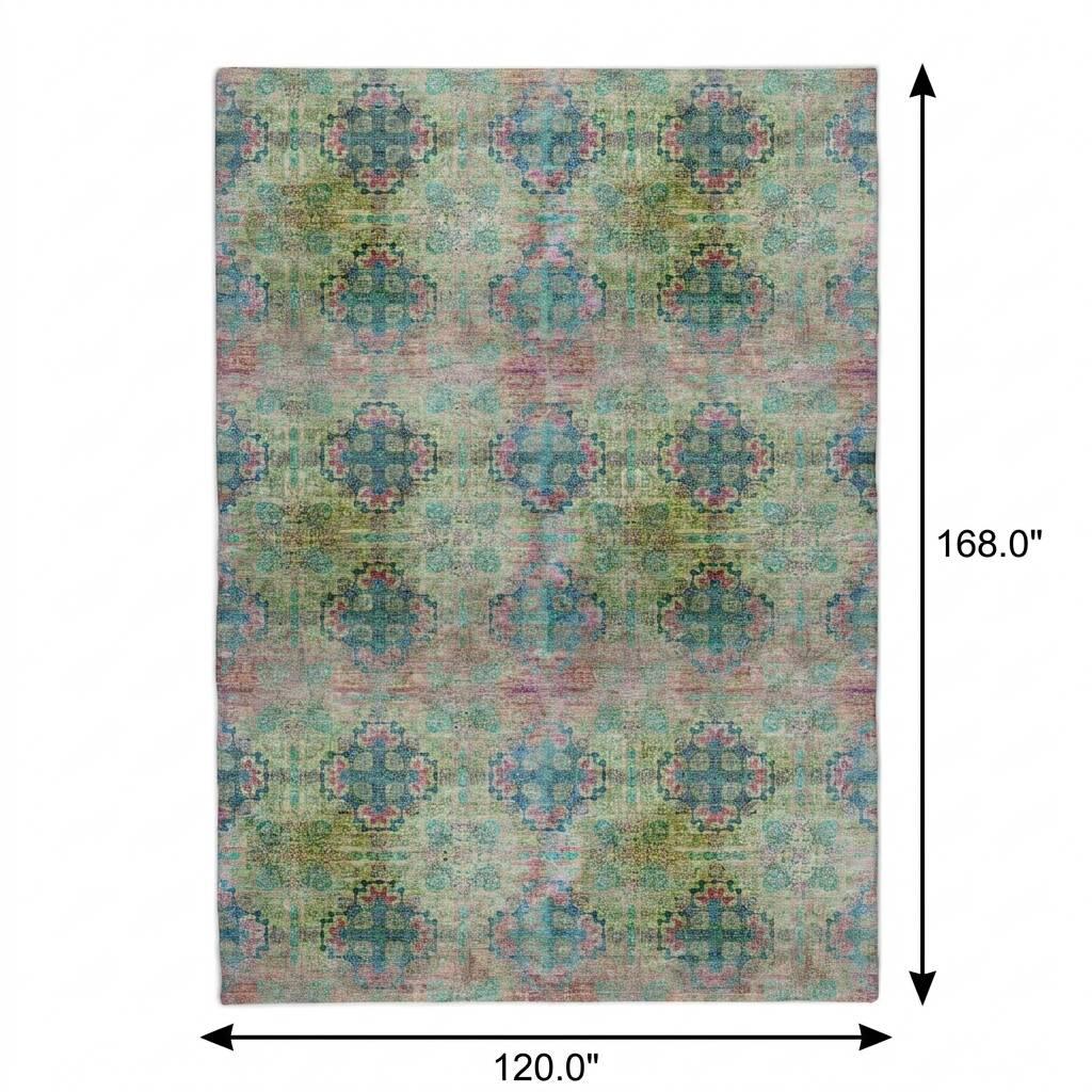 10' X 14' Green And Teal Medallion Shag Washable Area Rug With UV Protection - HomeRoots - Flyclothing LLC