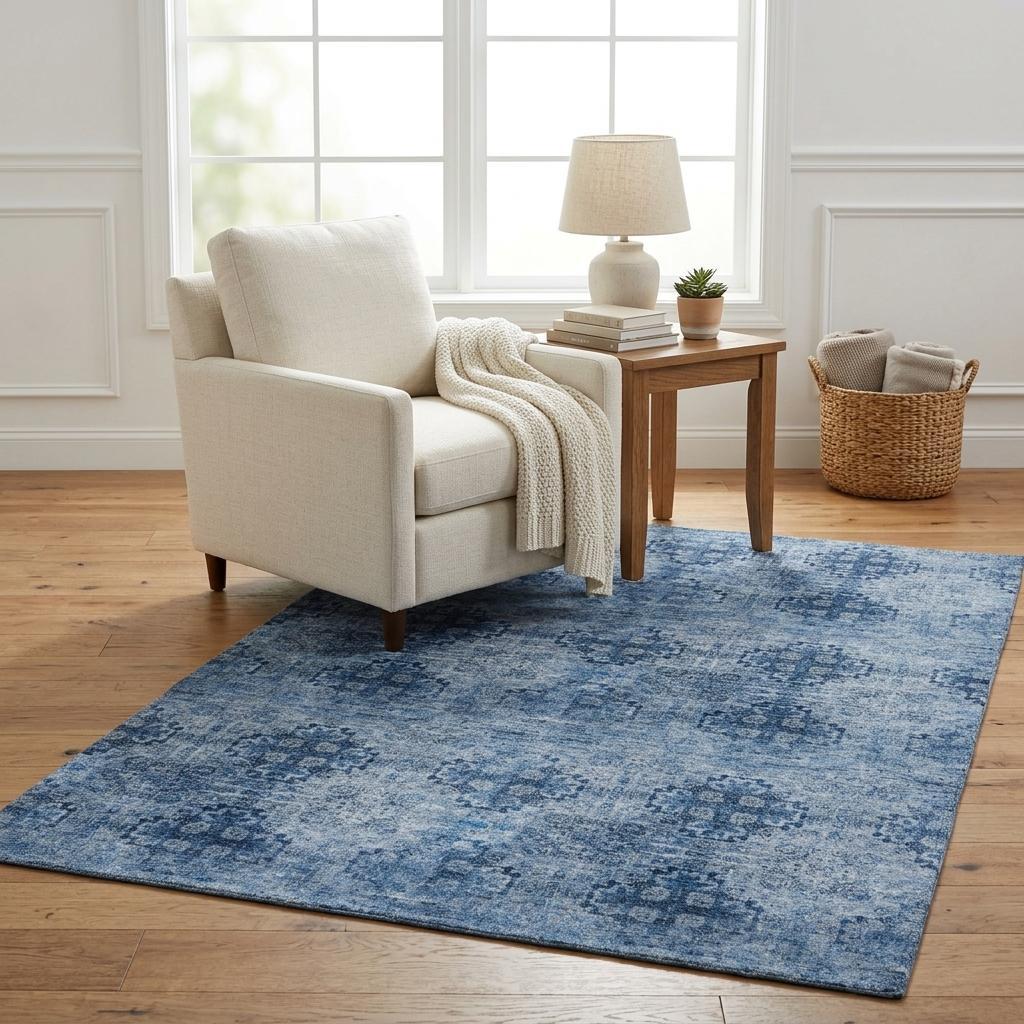 5' X 8' Navy Blue And Ivory Medallion Shag Washable Area Rug With UV Protection - HomeRoots - Flyclothing LLC