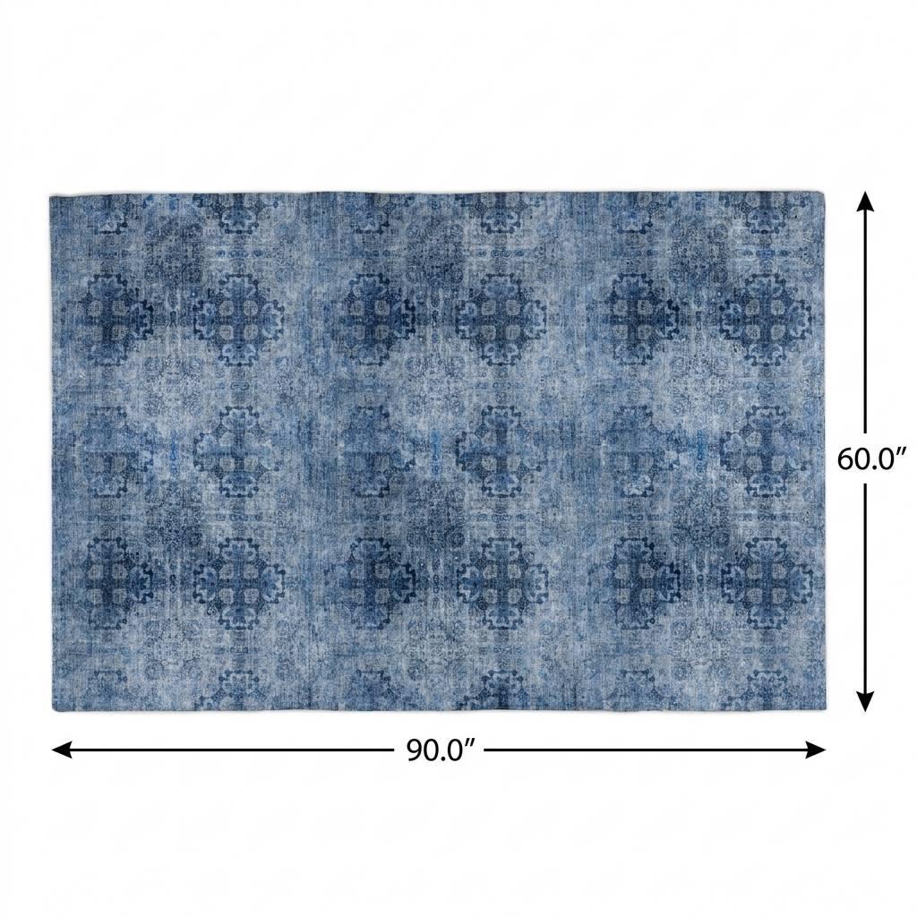 5' X 8' Navy Blue And Ivory Medallion Shag Washable Area Rug With UV Protection - HomeRoots - Flyclothing LLC