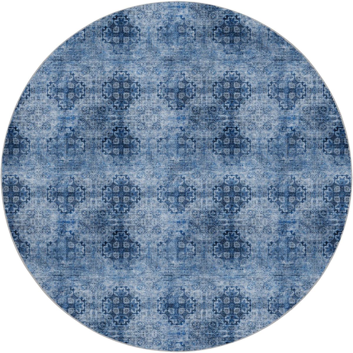 8' Navy Blue And Ivory Medallion Shag Washable Round Rug With UV Protection - HomeRoots - Flyclothing LLC