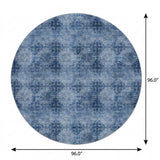 8' Navy Blue And Ivory Medallion Shag Washable Round Rug With UV Protection - HomeRoots - Flyclothing LLC