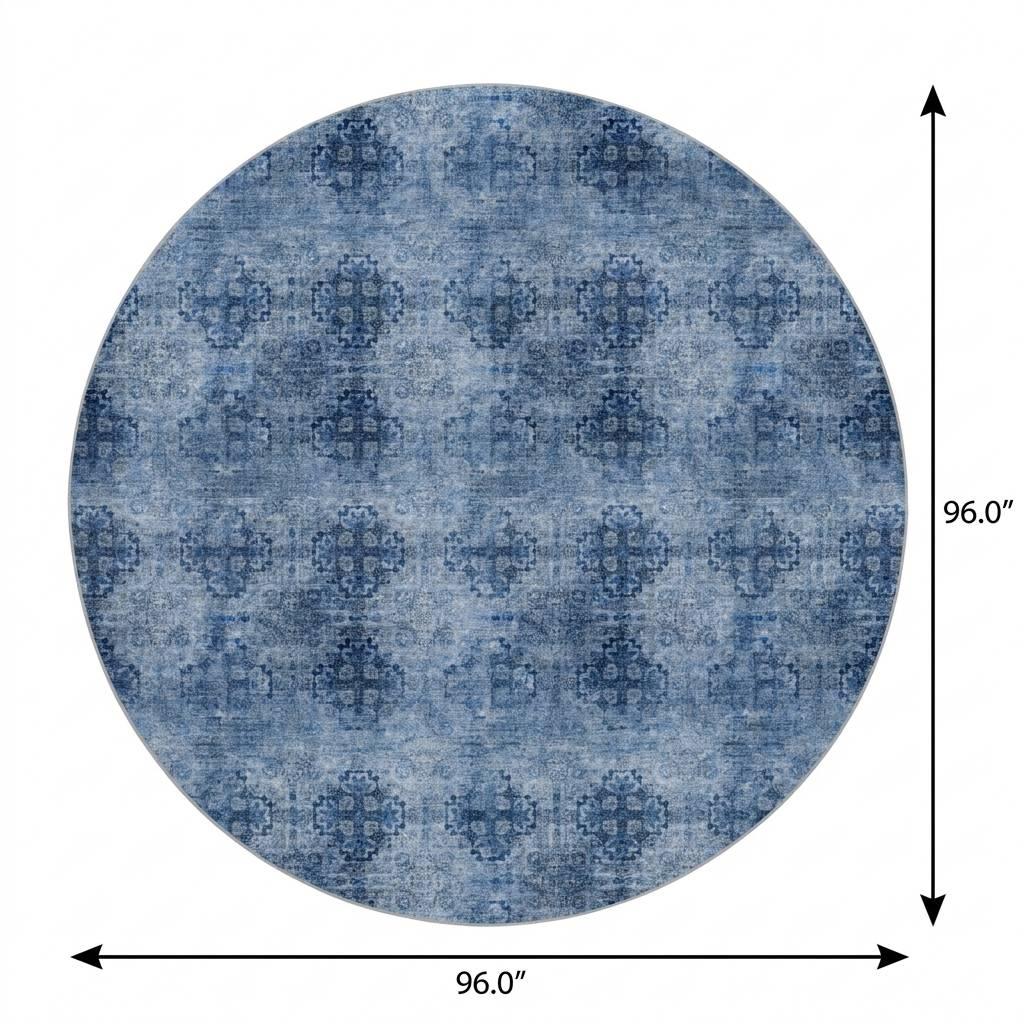 8' Navy Blue And Ivory Medallion Shag Washable Round Rug With UV Protection - HomeRoots - Flyclothing LLC