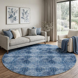 8' Navy Blue And Ivory Medallion Shag Washable Round Rug With UV Protection - HomeRoots - Flyclothing LLC