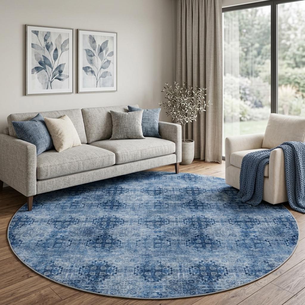 8' Navy Blue And Ivory Medallion Shag Washable Round Rug With UV Protection - HomeRoots - Flyclothing LLC
