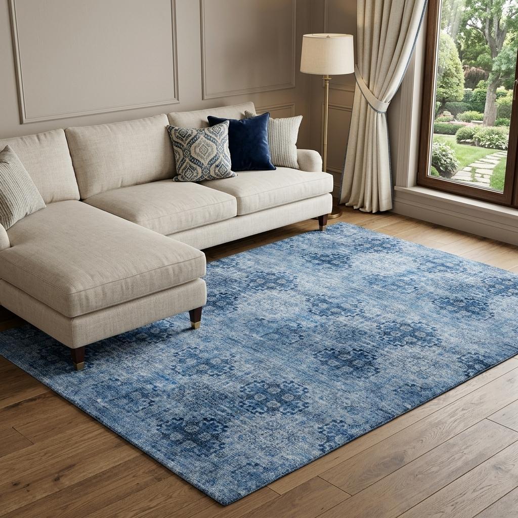 8' X 10' Navy Blue And Ivory Medallion Shag Washable Area Rug With UV Protection - HomeRoots - Flyclothing LLC