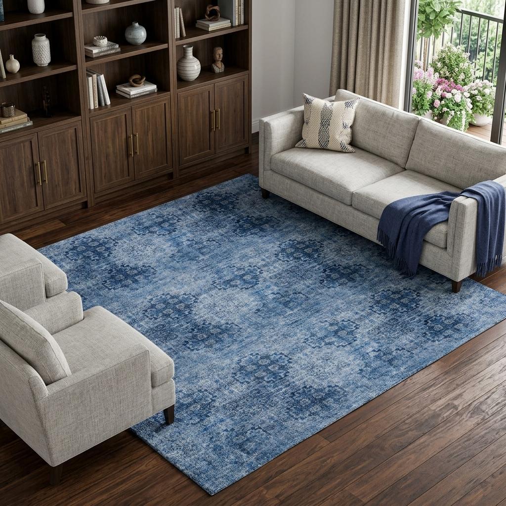 10' X 14' Navy Blue And Ivory Medallion Shag Washable Area Rug With UV Protection - HomeRoots - Flyclothing LLC