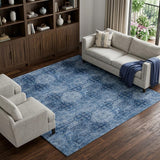 10' X 14' Navy Blue And Ivory Medallion Shag Washable Area Rug With UV Protection - HomeRoots - Flyclothing LLC