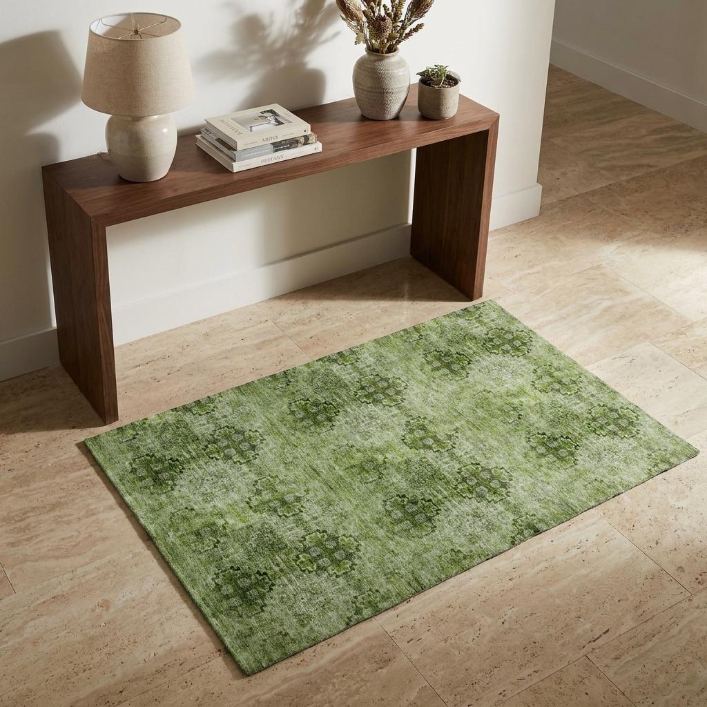 3' X 5' Olive Green And Ivory Medallion Shag Washable Area Rug With UV Protection - HomeRoots - Flyclothing LLC