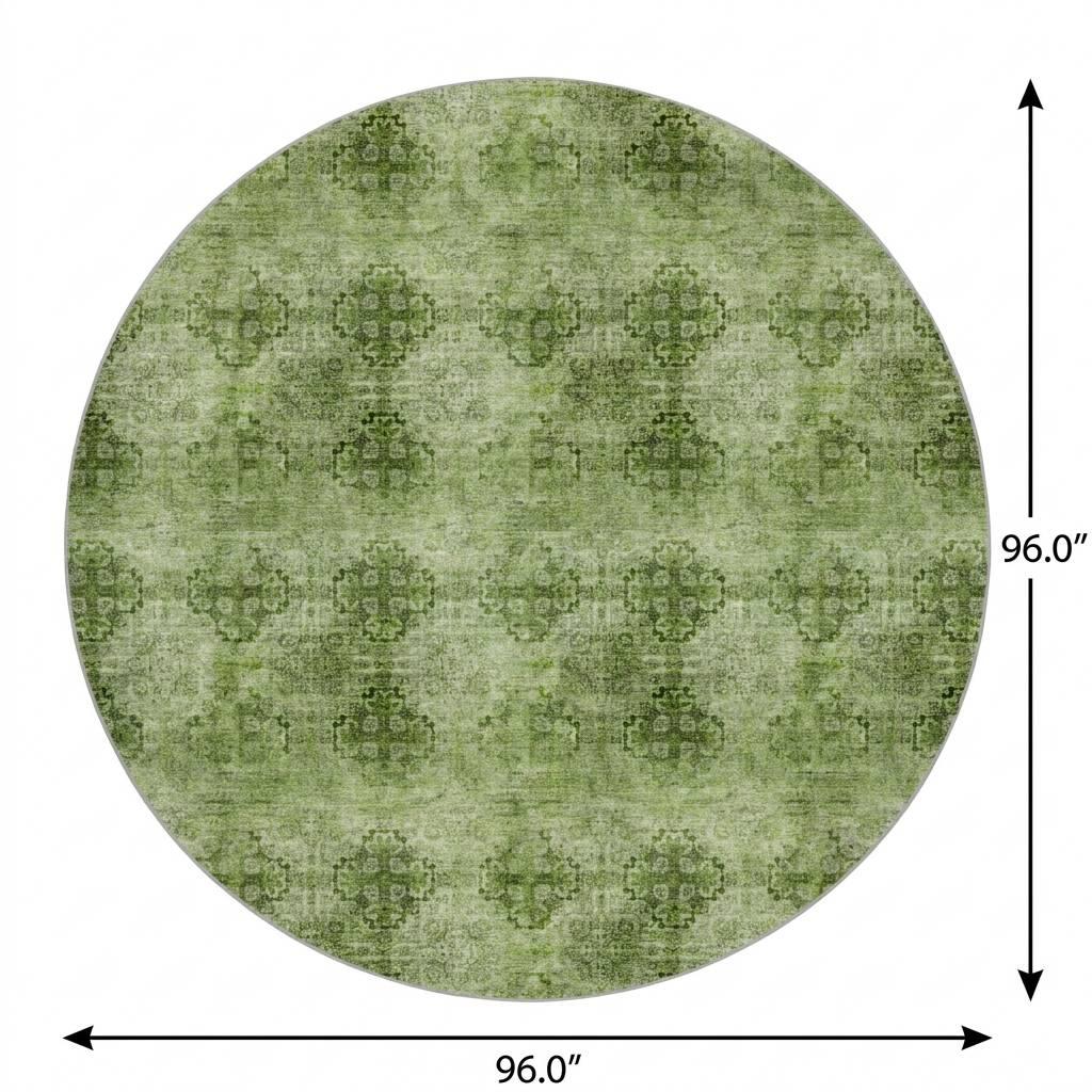 8' Olive Green And Ivory Medallion Shag Washable Round Rug With UV Protection - HomeRoots - Flyclothing LLC