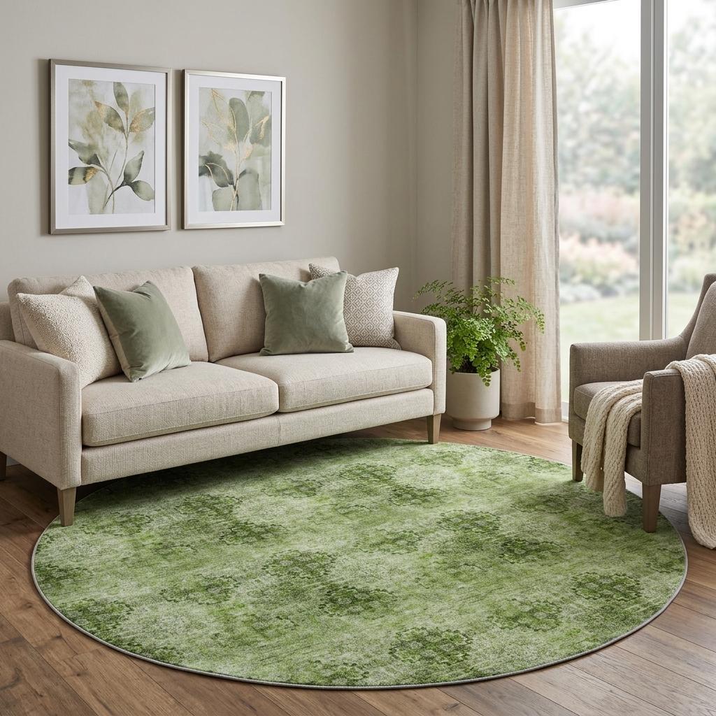 8' Olive Green And Ivory Medallion Shag Washable Round Rug With UV Protection - HomeRoots - Flyclothing LLC