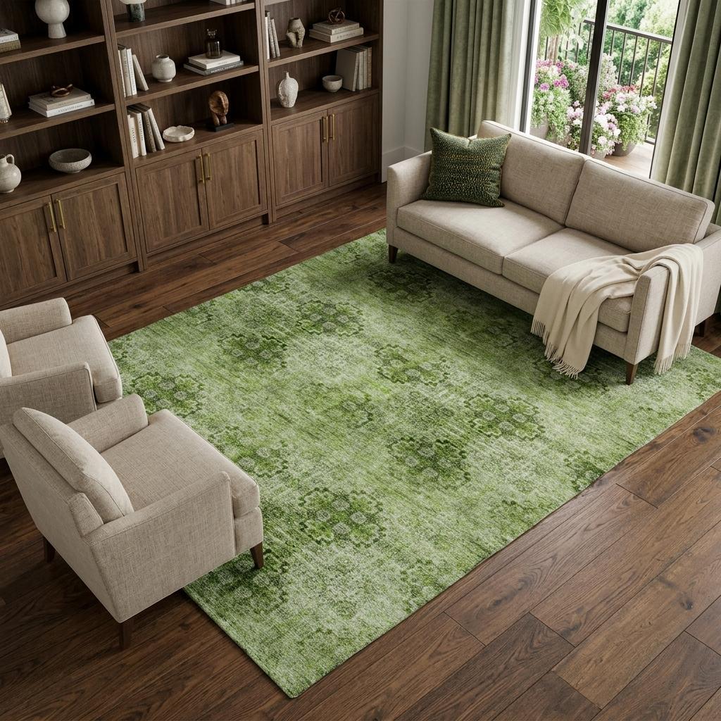 10' X 14' Olive Green And Ivory Medallion Shag Washable Area Rug With UV Protection - HomeRoots - Flyclothing LLC