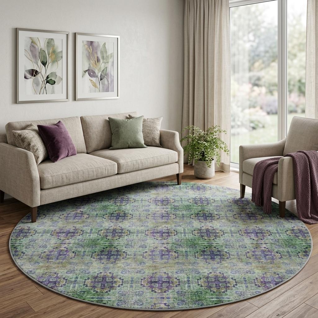 8' Purple And Gold Medallion Shag Washable Round Rug With UV Protection - HomeRoots - Flyclothing LLC