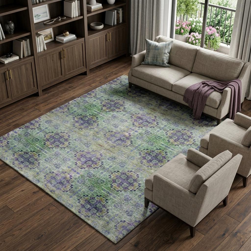 9' X 12' Purple And Gold Medallion Shag Washable Area Rug With UV Protection - HomeRoots - Flyclothing LLC