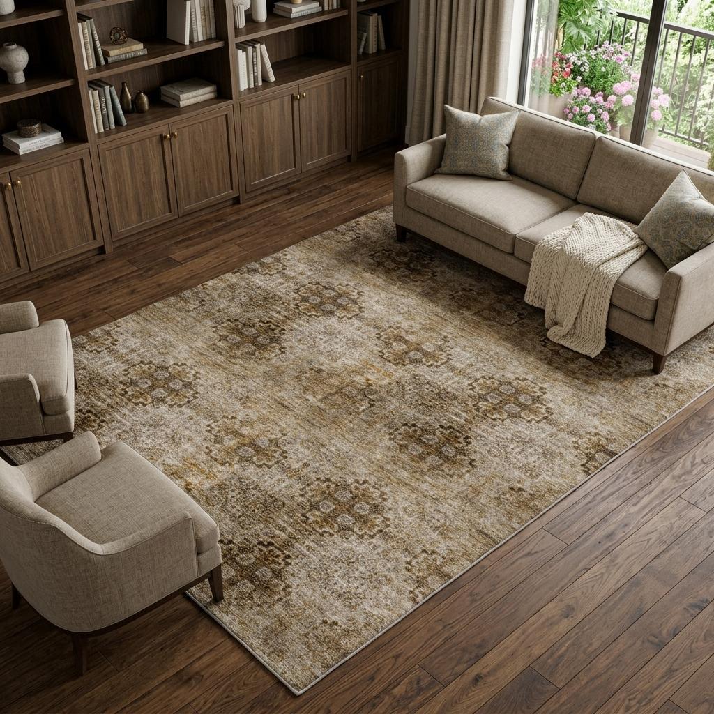 10' X 14' Taupe And Copper Medallion Shag Washable Area Rug With UV Protection - HomeRoots - Flyclothing LLC