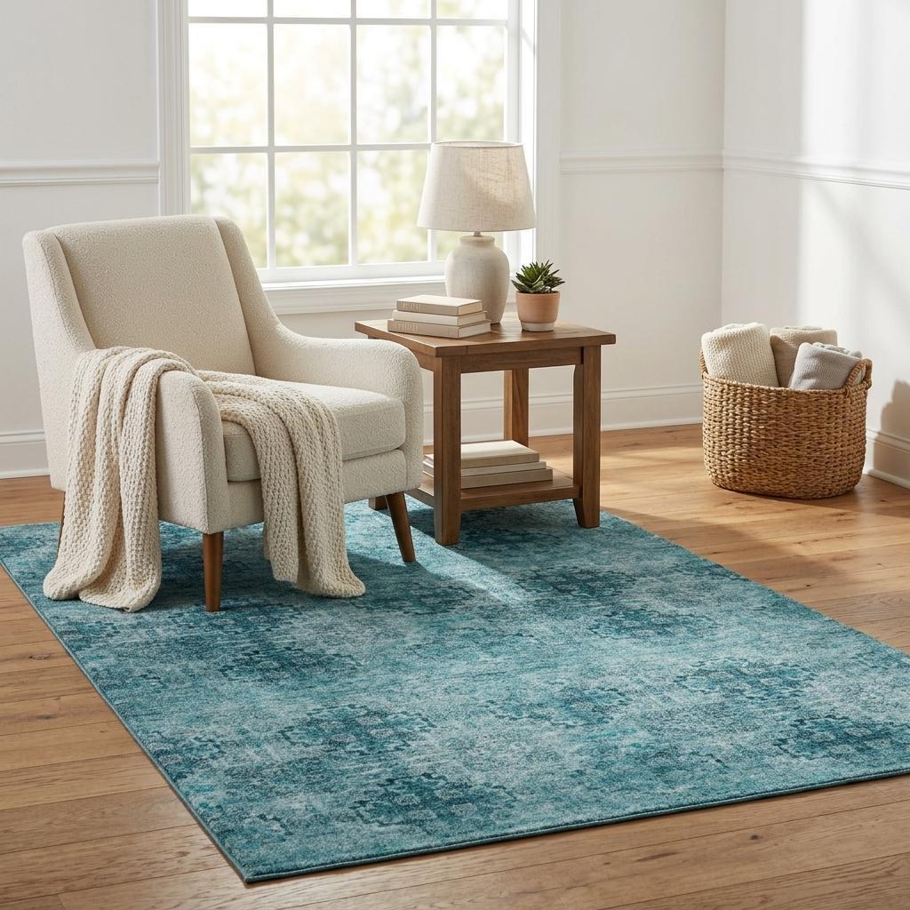 5' X 8' Teal And Ivory Medallion Shag Washable Area Rug With UV Protection - HomeRoots - Flyclothing LLC