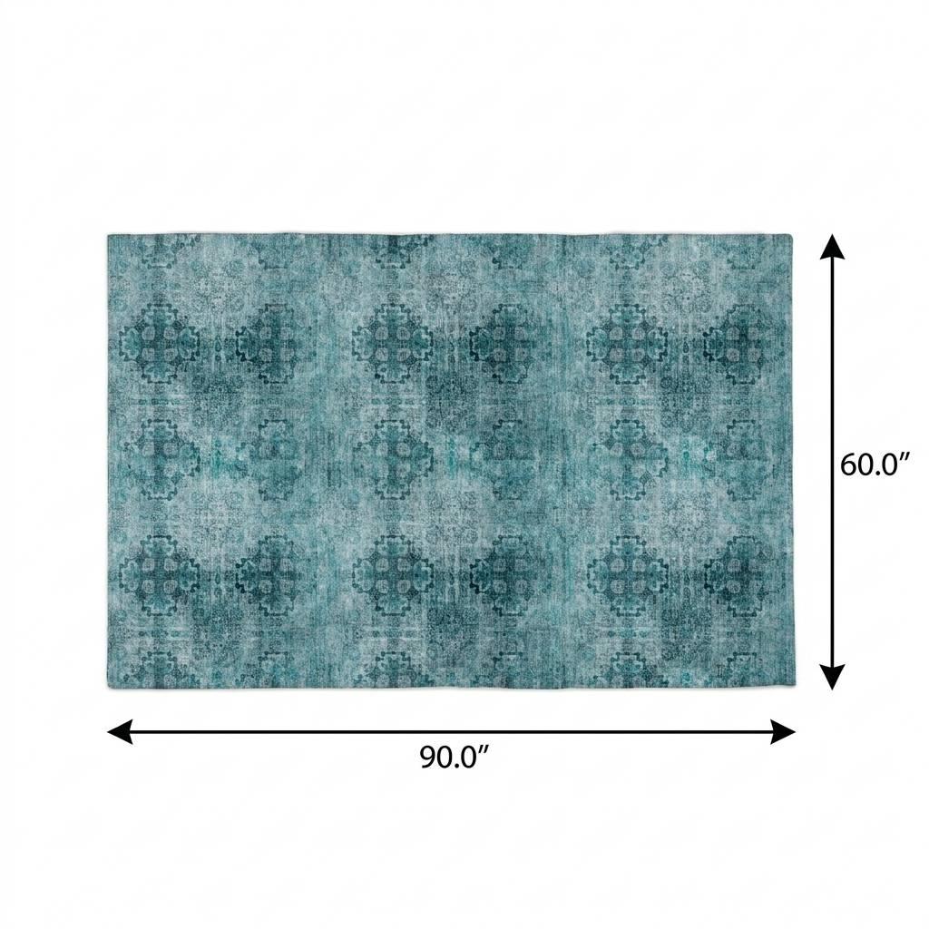 5' X 8' Teal And Ivory Medallion Shag Washable Area Rug With UV Protection - HomeRoots - Flyclothing LLC