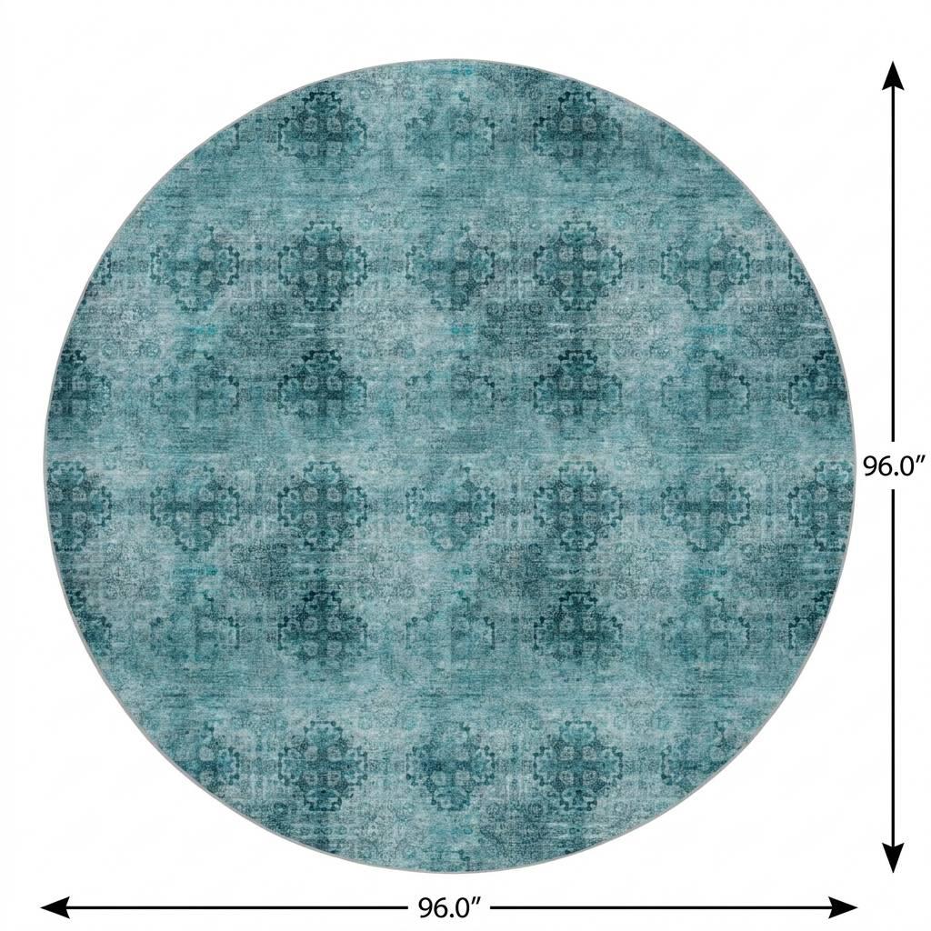 8' Teal And Ivory Medallion Shag Washable Round Rug With UV Protection - HomeRoots - Flyclothing LLC