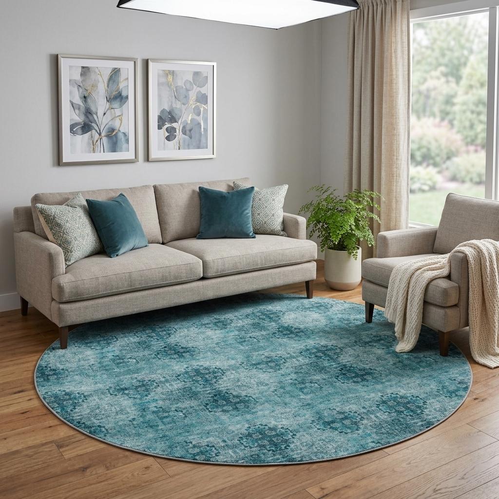 8' Teal And Ivory Medallion Shag Washable Round Rug With UV Protection - HomeRoots - Flyclothing LLC