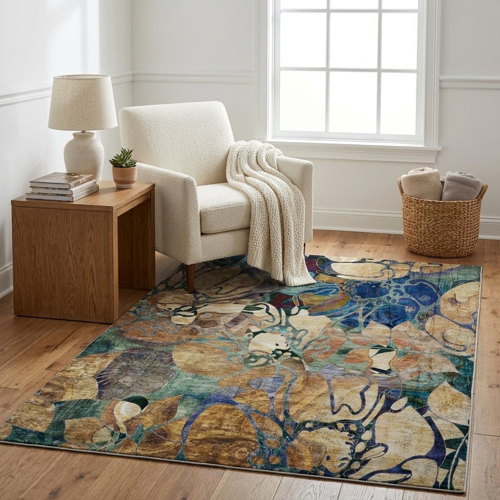 5' X 8' Beige And Brown Floral Shag Washable Area Rug With UV Protection - HomeRoots - Flyclothing LLC