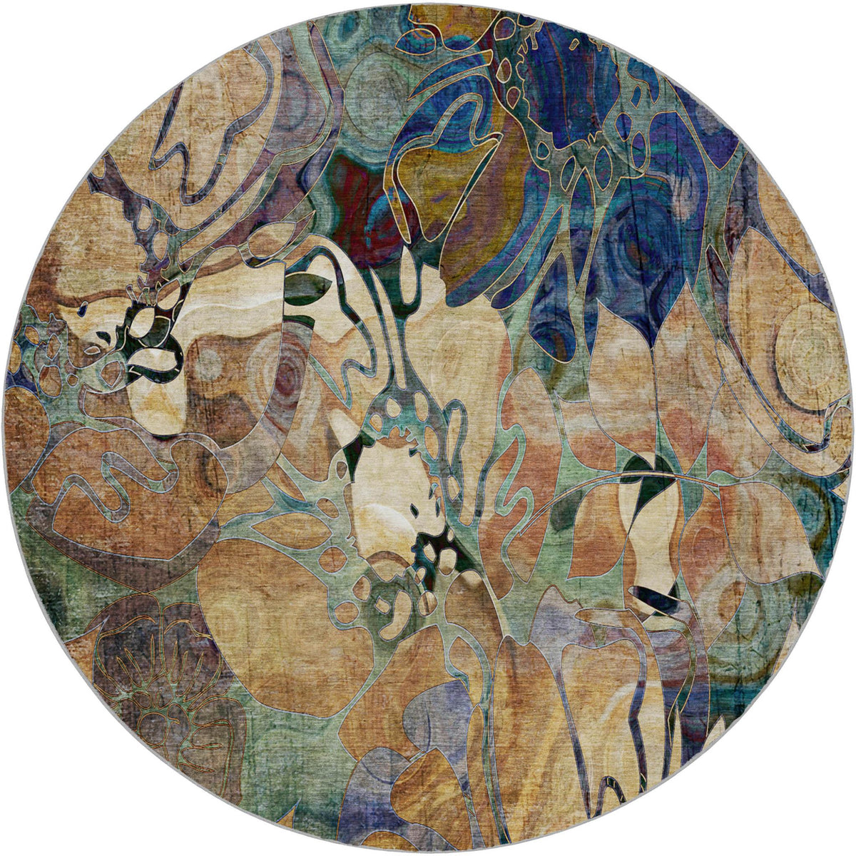 8' Beige And Brown Floral Shag Washable Round Rug With UV Protection - HomeRoots - Flyclothing LLC