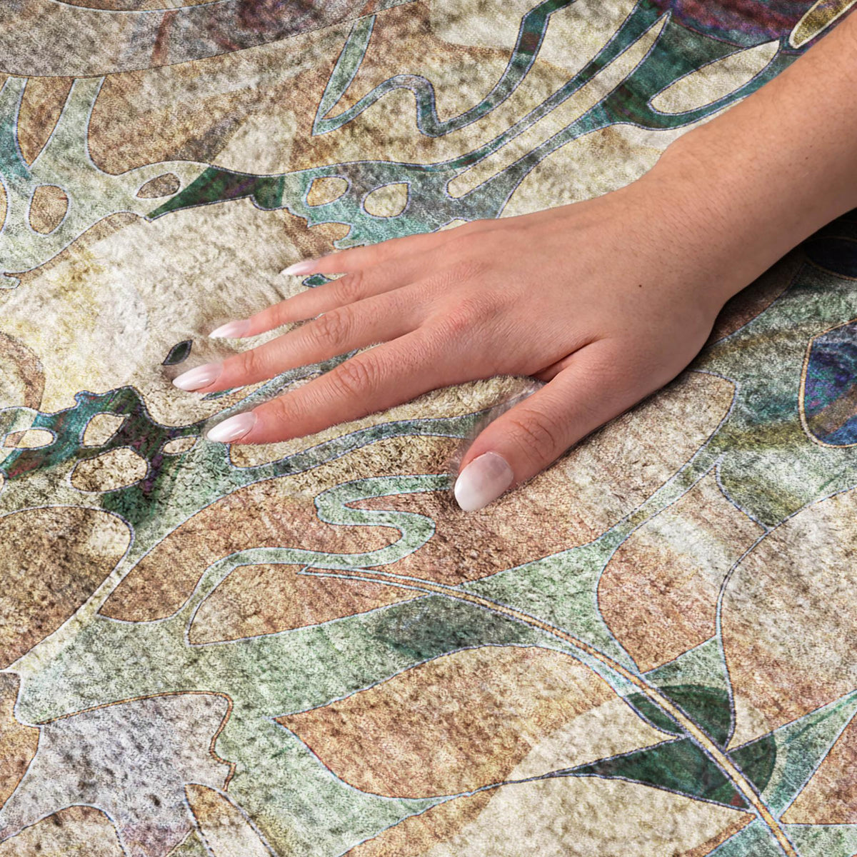 8' Beige And Brown Floral Shag Washable Round Rug With UV Protection - HomeRoots - Flyclothing LLC