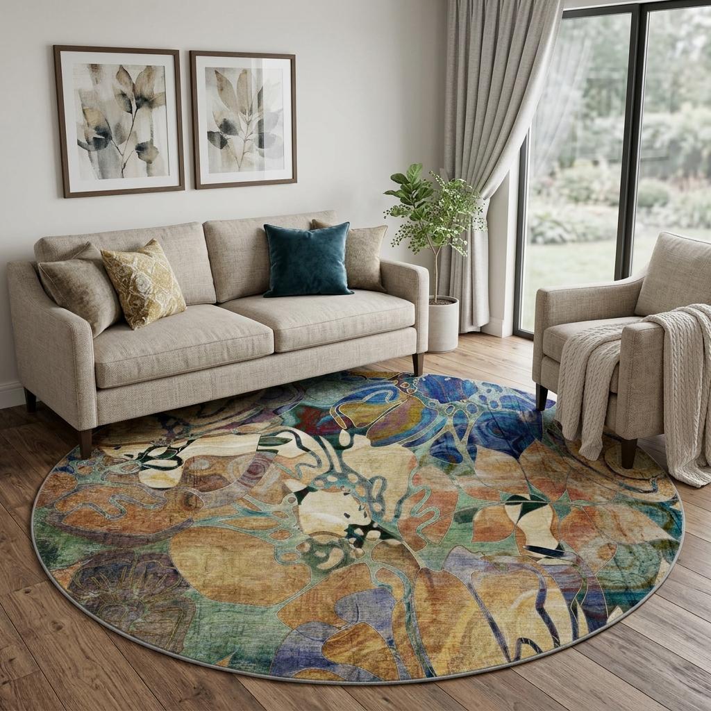 8' Beige And Brown Floral Shag Washable Round Rug With UV Protection - HomeRoots - Flyclothing LLC