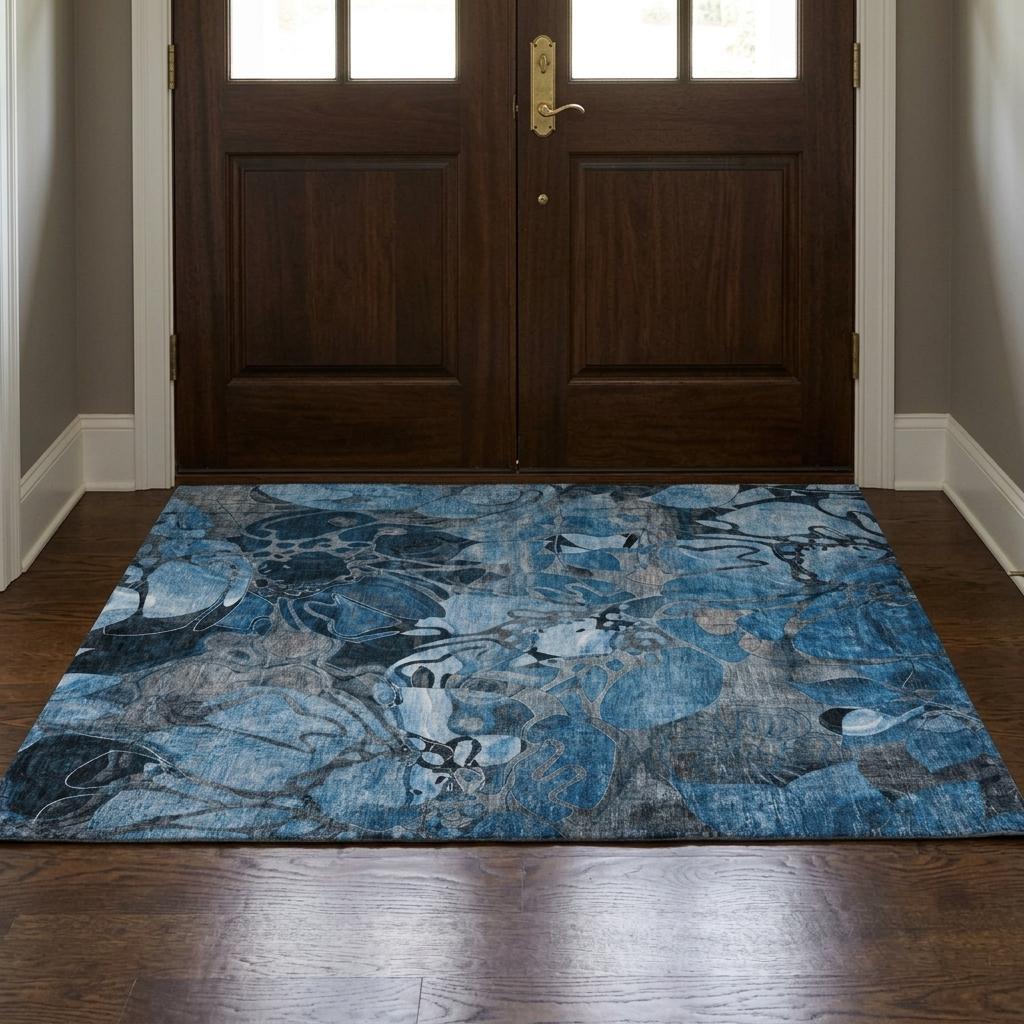 3' X 5' Blue And Navy Blue Floral Shag Washable Area Rug With UV Protection - HomeRoots - Flyclothing LLC