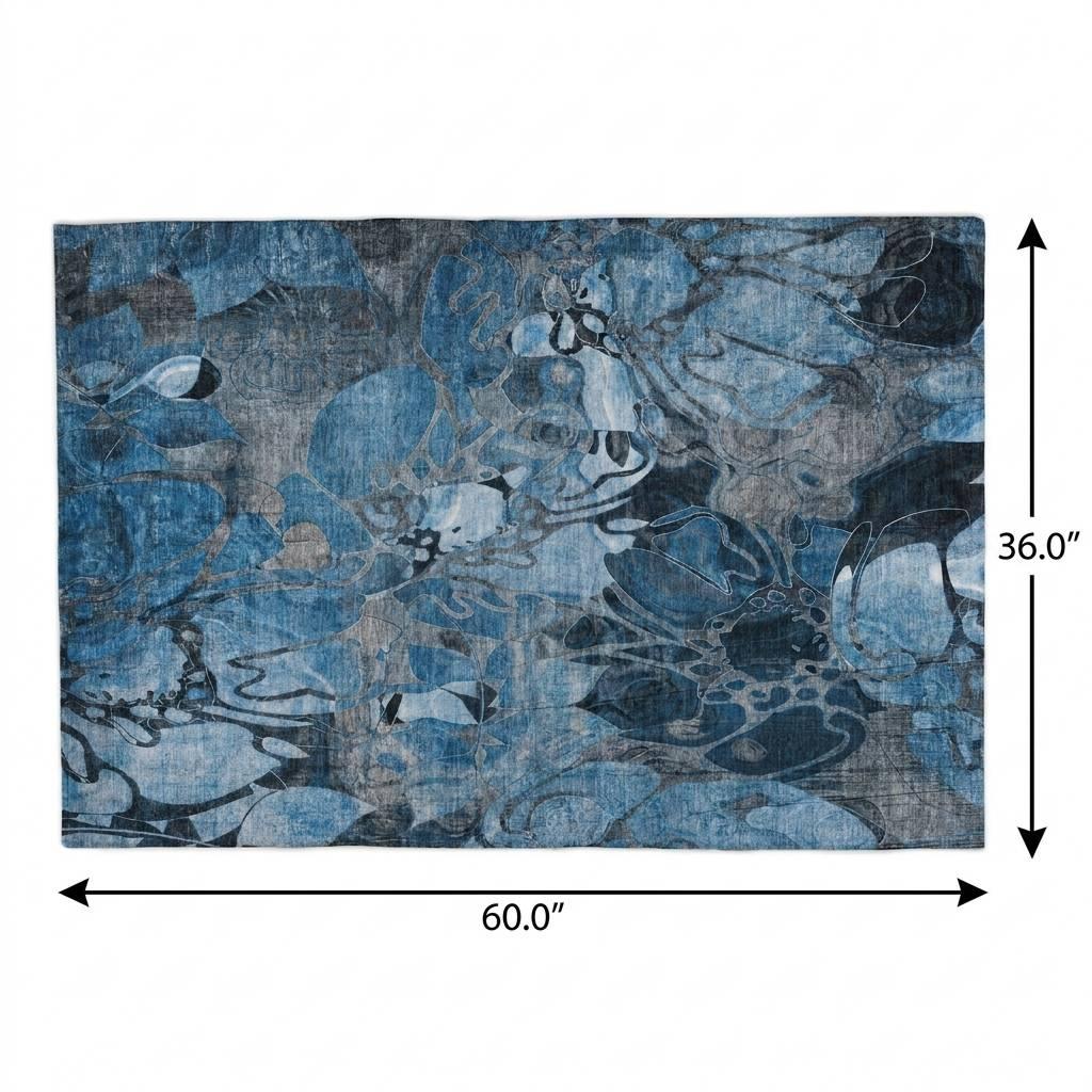 3' X 5' Blue And Navy Blue Floral Shag Washable Area Rug With UV Protection - HomeRoots - Flyclothing LLC