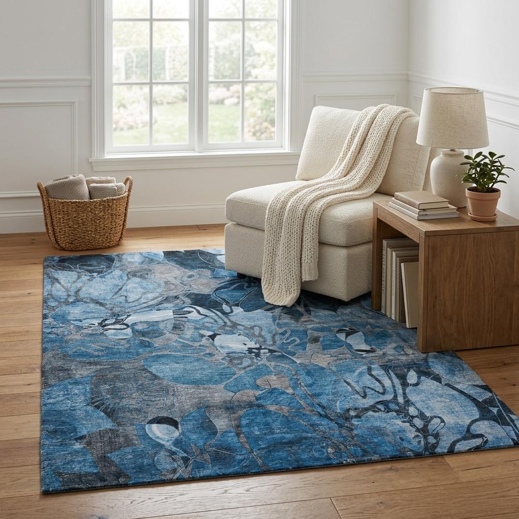 5' X 8' Blue And Navy Blue Floral Shag Washable Area Rug With UV Protection - HomeRoots - Flyclothing LLC