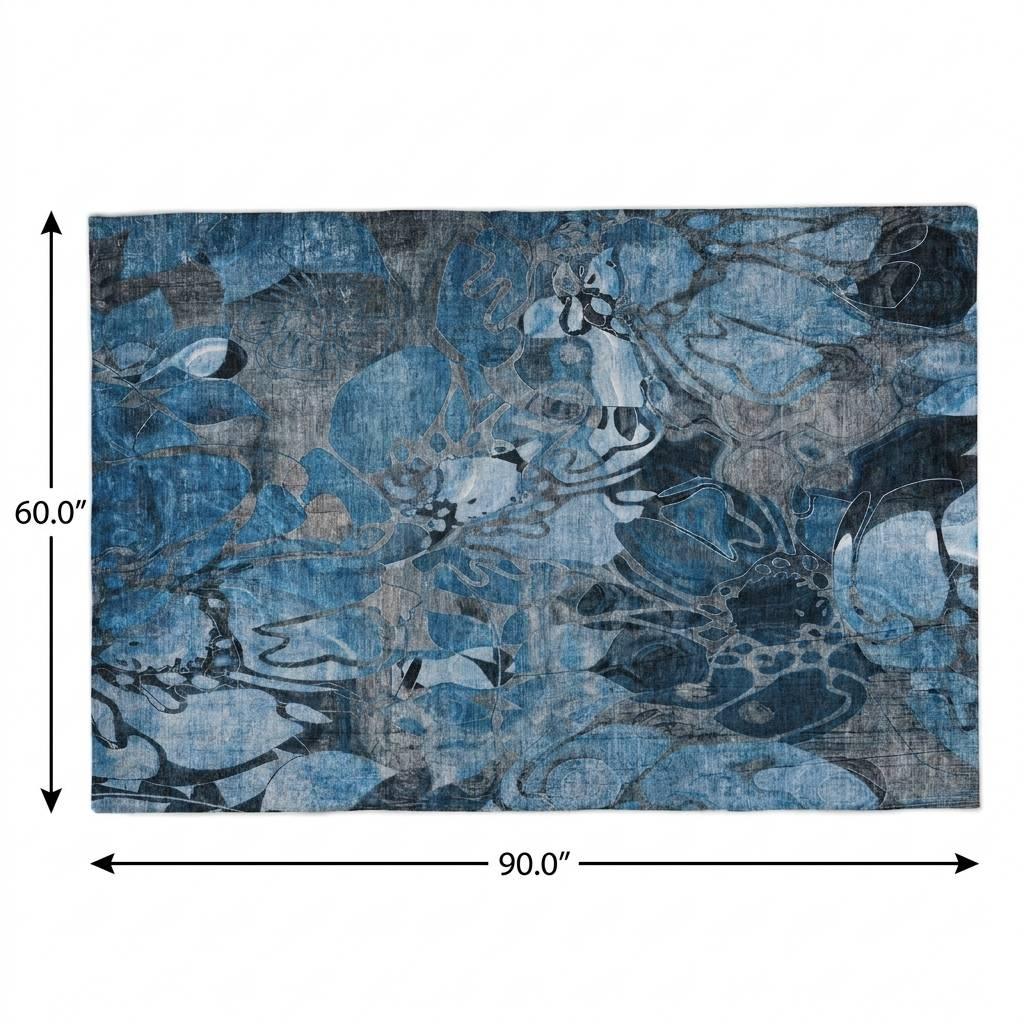 5' X 8' Blue And Navy Blue Floral Shag Washable Area Rug With UV Protection - HomeRoots - Flyclothing LLC